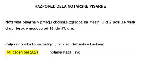 Notarska pisarna letos le še 14. decembra